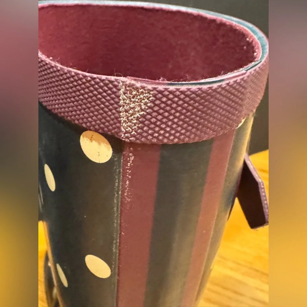 Joules Molly Welly Mid Calf Navy Rain Boots White Polka Dot Burgundy Trim Size 8 - Picture 8 of 16